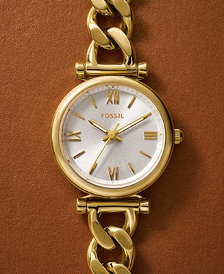 Die Uhr Carlie mit einem klassischen runden Gehäuse und einem Kettenband in einem goldfarbenen Finish.