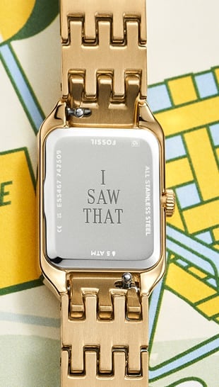 The Fossil Raquel Mini caseback engraving that reads I Saw That.