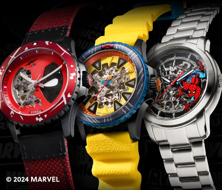 Three limited-edition Marvel | Fossil watches, including Deadpool, Wolverine and Spider-Man.