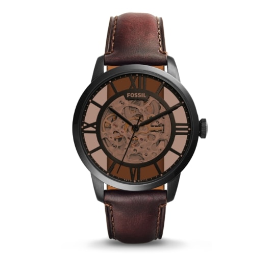 Brown leather mechanical watch.