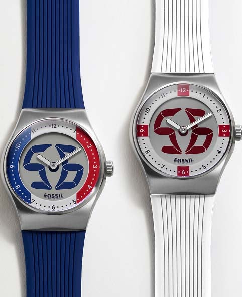 Two World Flags Big Tic Fossil watches sit side-by-side