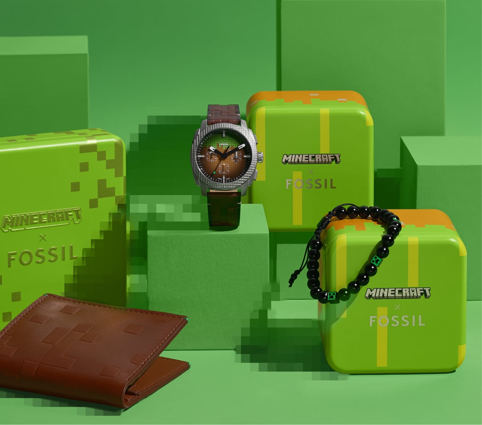 A GIF image of the Minecraft packaging. Image one: A blocky bright green setting showcases a brown-and-green men's watch with block texture, a pixel-embossed brown leather wallet, and black-and-green beaded creeper bracelet.