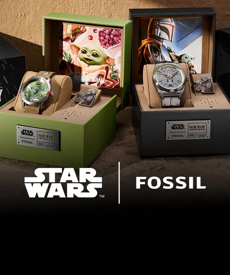 The Star Wars and Fossil Mandalorian collection, featuring the Fossil Limited-Edition Mandalorian and Grogu watches, along with their display packaging.