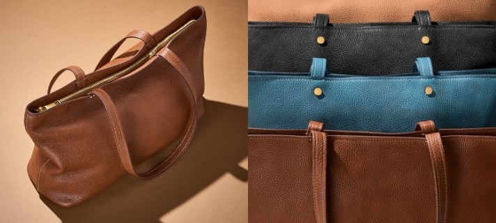 GIF de la cremallera del bolso tote Jessie abriéndose y una imagen en primer plano de los bolsos tote Jessie y su piel granulada. 