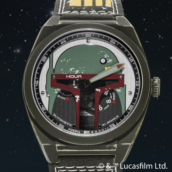 A close up of a distressed, olive green watch with a dimensional Boba Fett helmet on the dial.