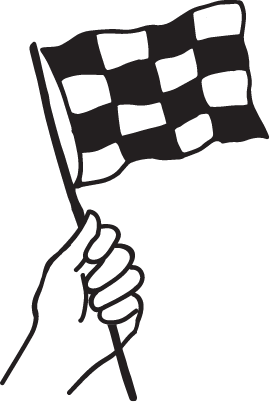 A hand holding a black chequered flag graphic.