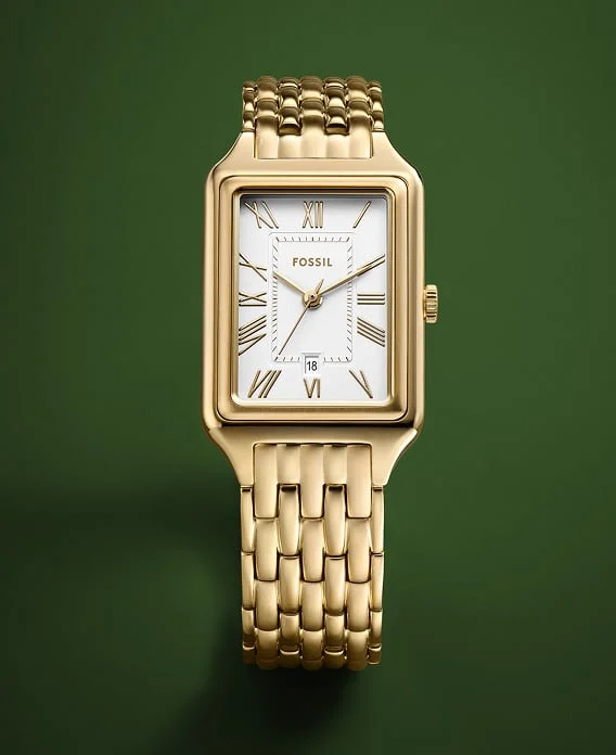 The elegant Fossil Raquel watch shown in a gold-tone finish.