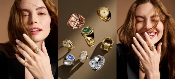 Une femme portant une bague-montre à cristaux et une photo d’ensemble de plusieurs bagues-montres de diverses formes et finitions. 