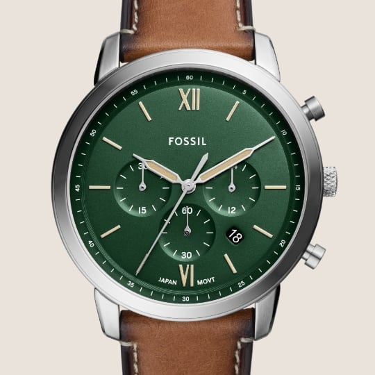 Brown leather Neutra chronograph with green dial.