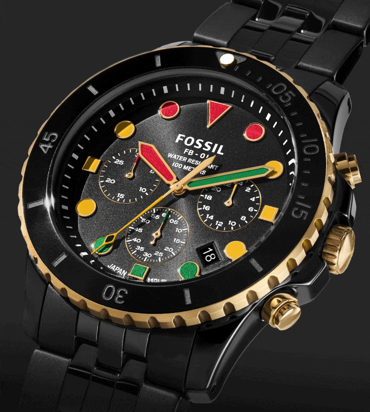 A gif of a black ceramic FB-01 watch featuring red, green and yellow indices to represent Black History Month.
