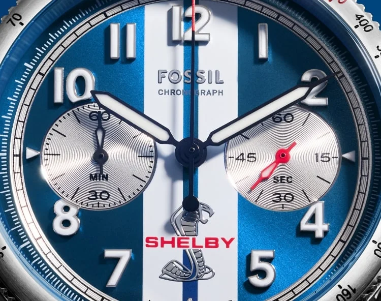 A heroic shot of the Shelby blue-and-white striped dial.