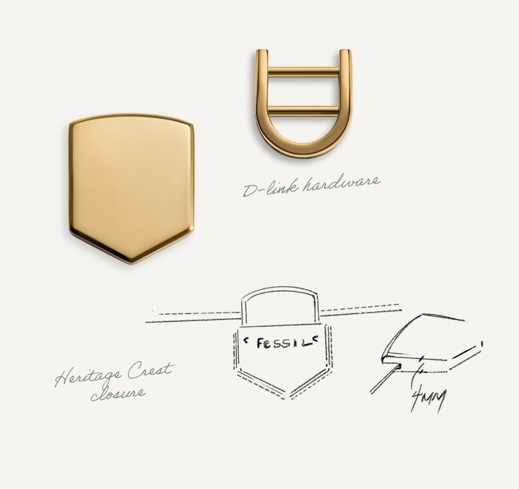 Die verschiedenen Komponenten der Tasche Lennox aus braunem Leder, einschließlich handschriftlicher Skizzen von den Beschlägen, goldfarbenen Beschlagstücken mit D-Link und Wappenverschluss, schmale Kellerfalte und Wildlederfutter neben einer Skizze.