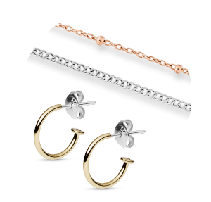 Hoop earrings and two necklace chains.