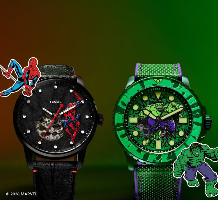 Limited-edition Spider-Man and The Incredible Hulk watches from the Fossil and Marvel collaboration, each displayed with custom packaging featuring archival Marvel comic book art.