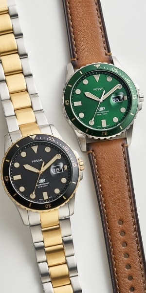 Two Fossil Blue watches, one with a stainless steel bracelet and one with a burnished leather strap. A man wearing a Fossil Blue watch with a stainless steel bracelet.