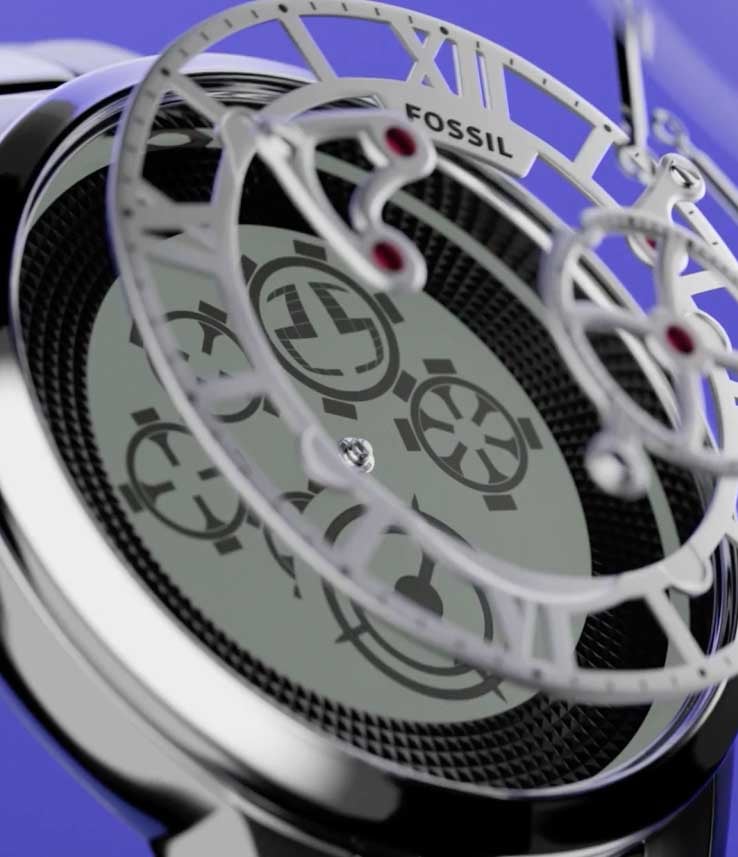 A stylized video of the Fossil Townsman Big Tic watch, showcasing the digital spinning gears beneath a skeletonized dial.
