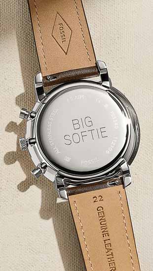 A Fossil watch with a personalized engraving.