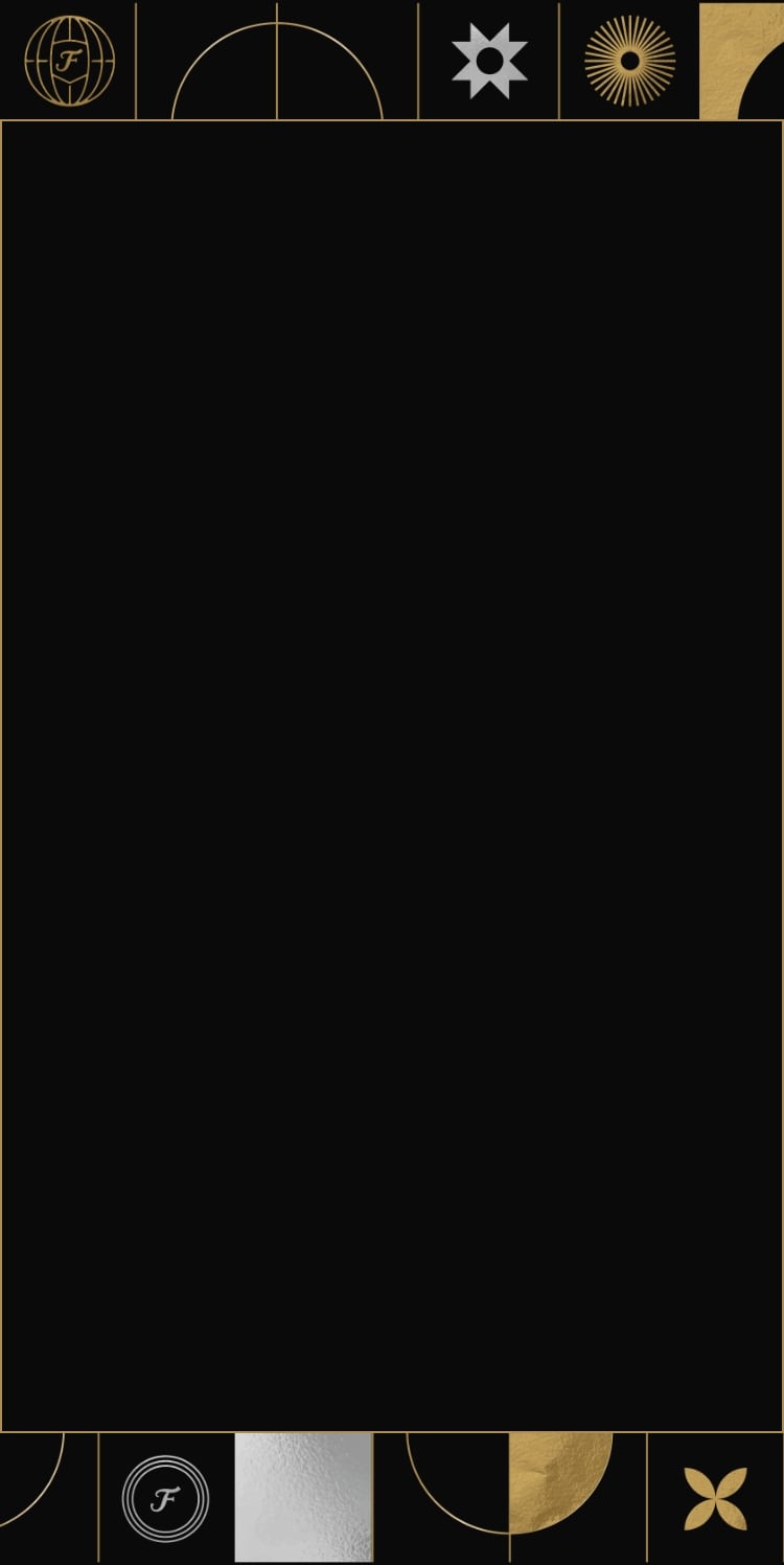 Black background with a gold and silver decorative border.