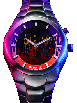 The Fossil Y2K Big Tic stainless steel watch with flickering digital flames.
