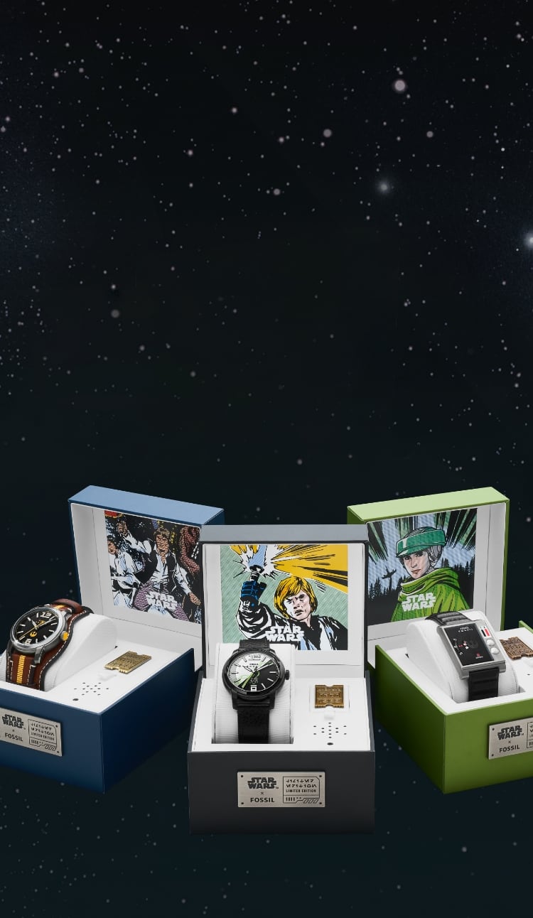 The Han Solo, Luke Skywalker and Leia Organa watches displayed in their boxes