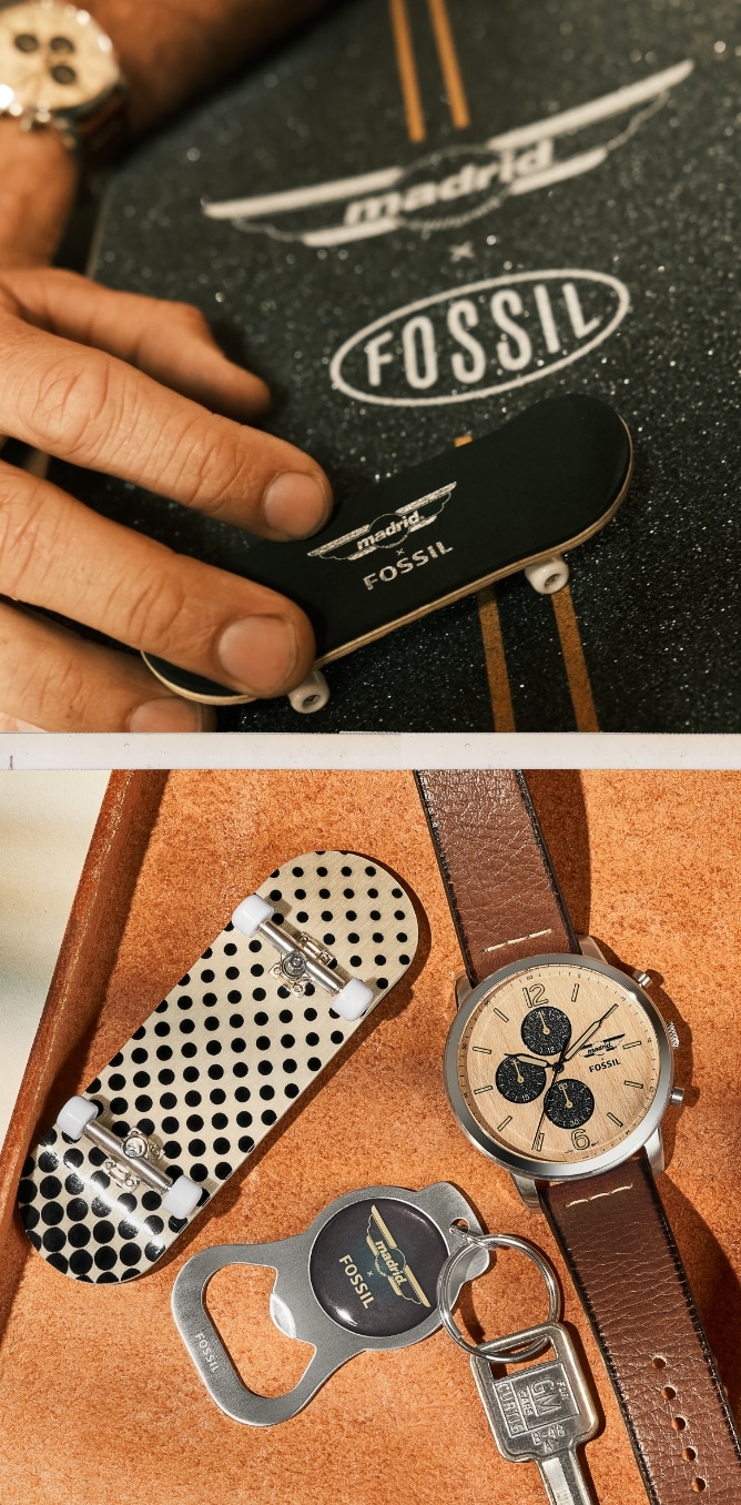 A closeup of the box set, including a bottle opener, a chronograph watch and a mini skateboard.