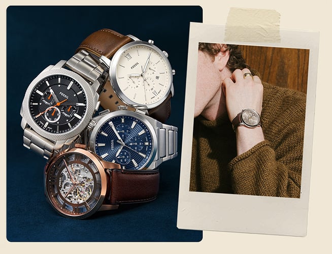Four men's watches overlaid with an instant photo of a man wearing a denim shirt and watch.