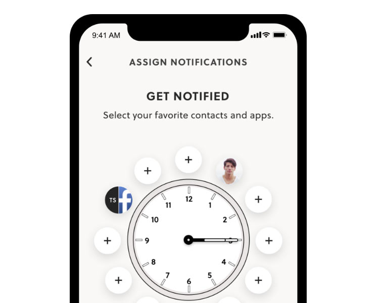 Application Fossil pour montres connectées avec écran d’assignation de notifications.