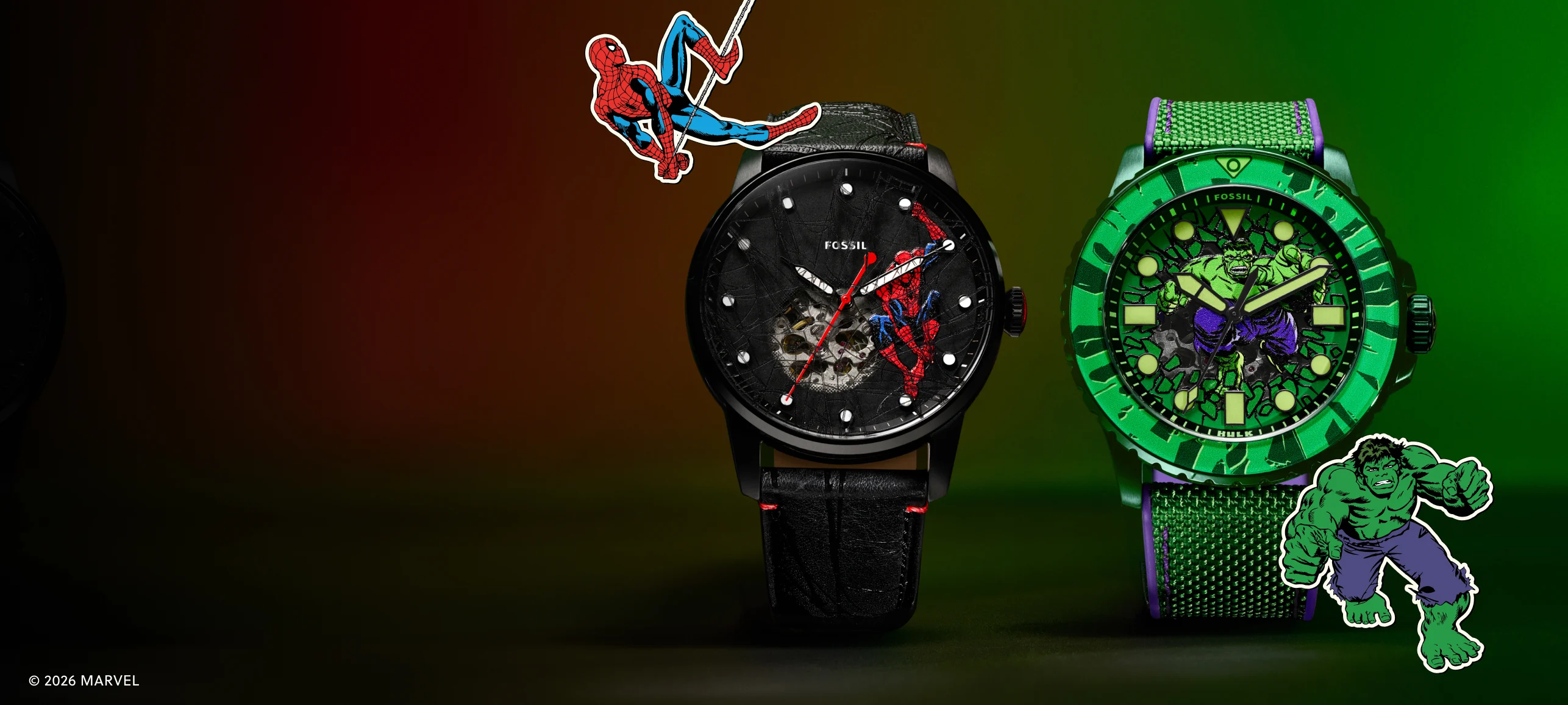 Limited-edition Spider-Man and The Incredible Hulk watches from the Fossil and Marvel collaboration.