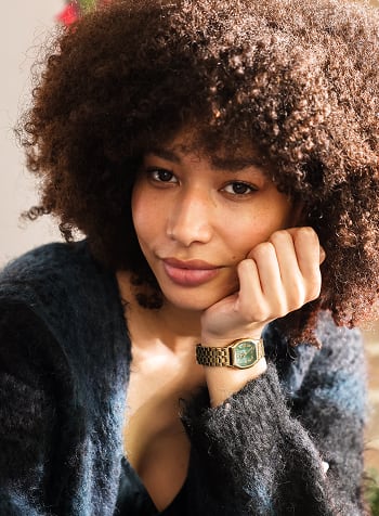 Stylish woman posing in the Harlow watch.
