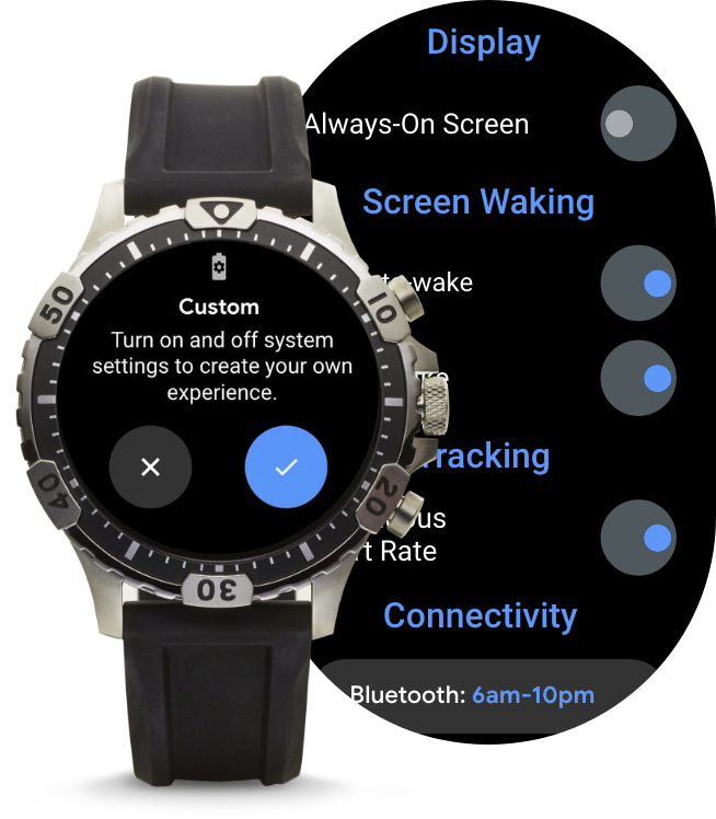 Uno smartwatch Gen 5 LTE che mostra diverse modalità di batteria.