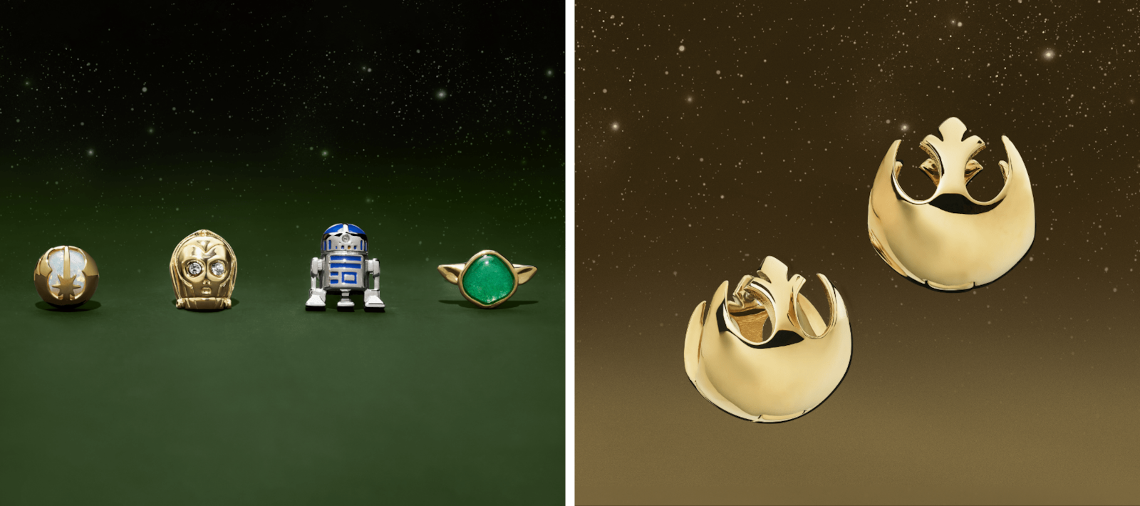 Orecchini a lobo a forma di simbolo della Ribellione, C-3PO, R2-D2 e Yoda. Orecchini a cerchietto color oro a forma di simbolo della Ribellione.