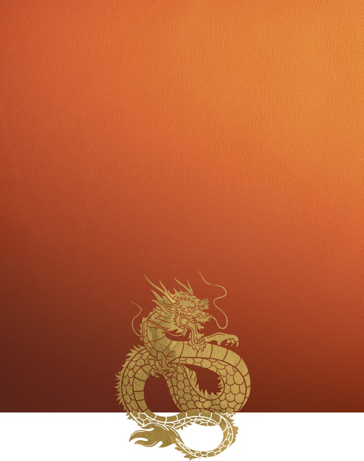 Orange background with a gold dragon graphic.