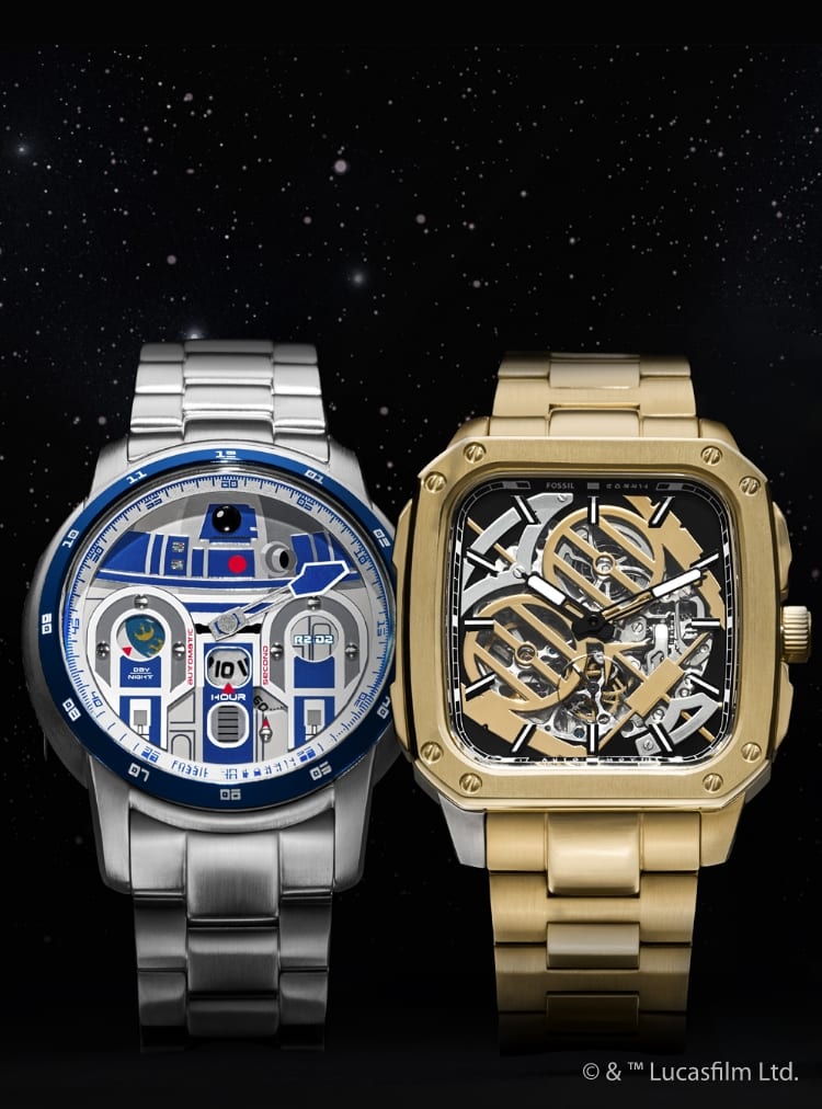 A black background with stars watches inspired by R2-D2 and C-3PO.