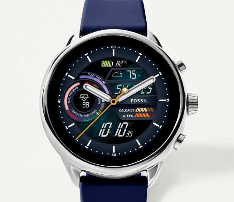 Eine Smartwatch Gen 6 Wellness Edition mit blauem Silikonband.