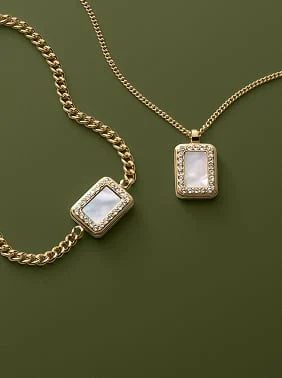 Two pieces of ladies jewelry from Fossil's Raquel collection featuring natural materials and glitz.
