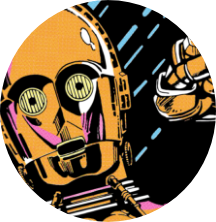 A comic book-style illustration of C-3PO