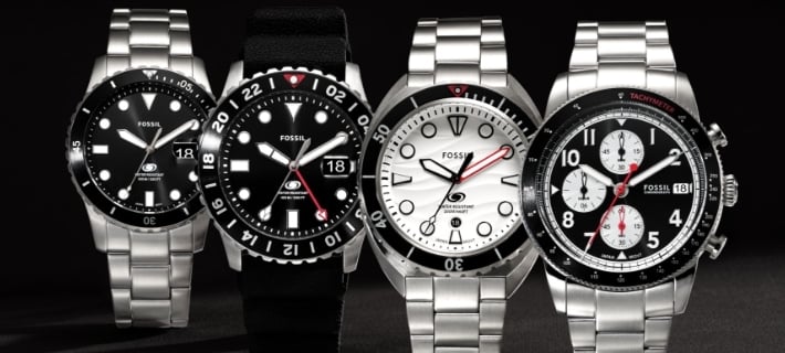 Four stainless steel Sport watches, including the Fossil Blue Dive, Fossil Blue GMT, Breaker and Sport Tourer.