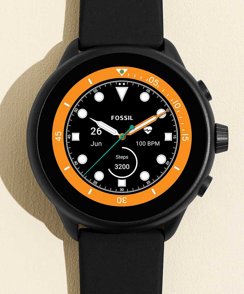 The Gen 6 Wellness Smartwatch gift set, featuring a black silicone strap and orange interchangeable bumper.