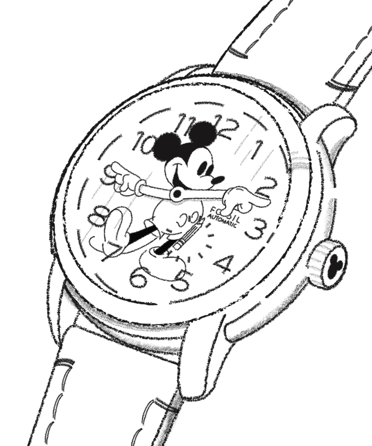 The Sketch Disney Mickey Mouse Sketch Watch is featured, along with an illustration of Disney's Mickey Mouse, a black-and-white photograph of Walt Disney drawing in his animation studio and a detail shot of the watch crown with Mickey's silhouette. The words Archival Mickey sketch are written in script on the page.