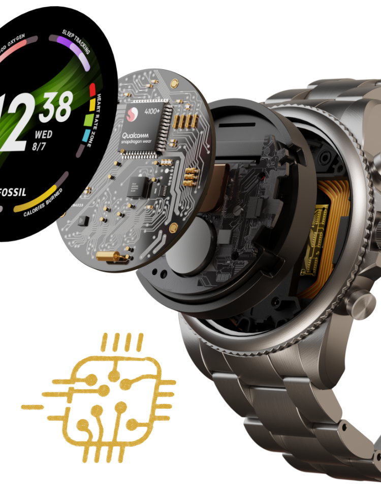 Une montre intelligente Gen 6 dont le cadran en explosion révèle le fonctionnement interne.