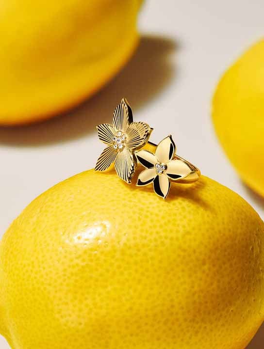 The Fossil Sutton Flower ring displayed on fresh lemons.