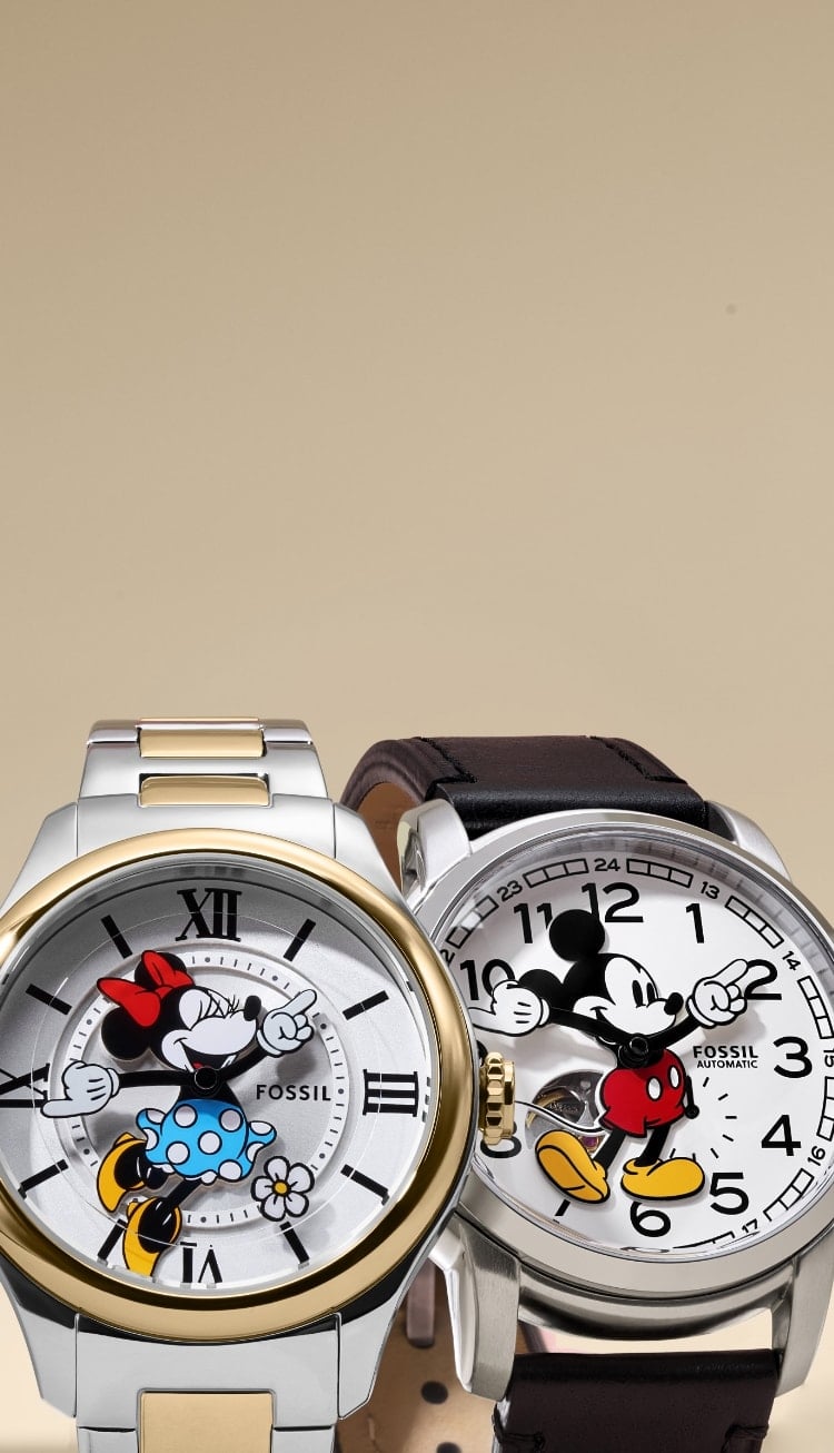 The classic Disney Fossil watches featuring Mickey Mouse and Minnie Mouse.