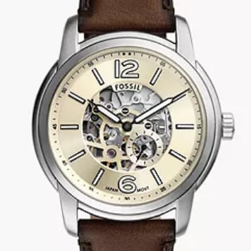 Montre Fossil Heritage automatique, avec un bracelet en cuir marron.