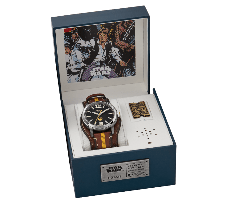 The Han Solo-inspired watch displayed in its box.