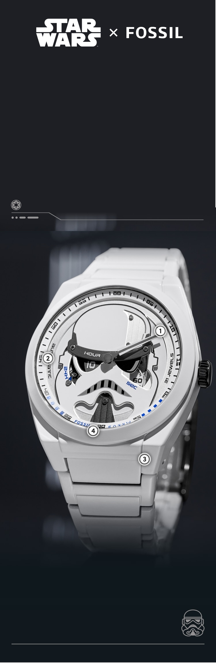 Gros plan d’une montre recouverte de résine blanche avec un casque de stormtrooper en relief sur un cadran blanc.