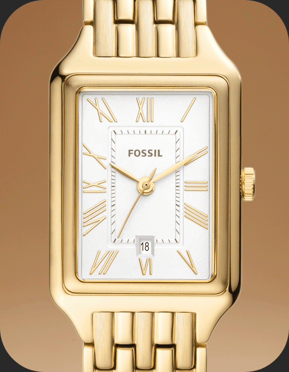 GIF di un orologio Raquel color oro con un quadrante color argento satinato o un quadrante in madreperla con una cornice interna in cristallo.