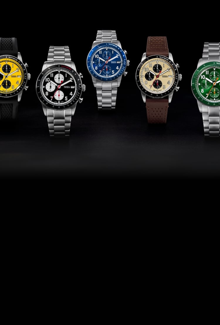 Three Sport Tourer watches with stainless steel bracelets and colorful dials.