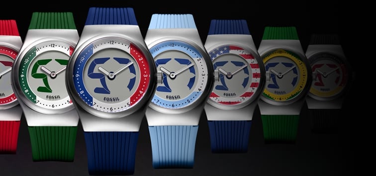 The Fossil Limited-Edition World Flags Big Tic watch collection, featuring a sporty analog-digital design in bold, global colorways.