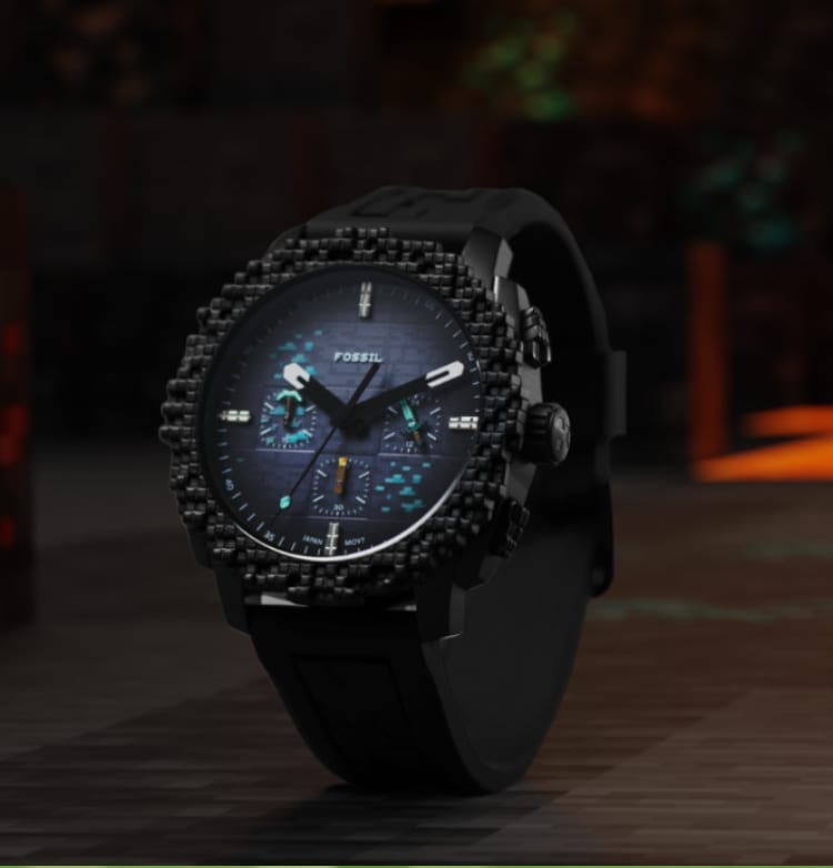 In nighttime view, a rugged black silicone men's watch is shown against a dark background with subtle orange highlights.