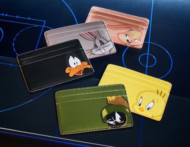 Cinq porte-monnaie en cuir avec des personnages de Space Jam.